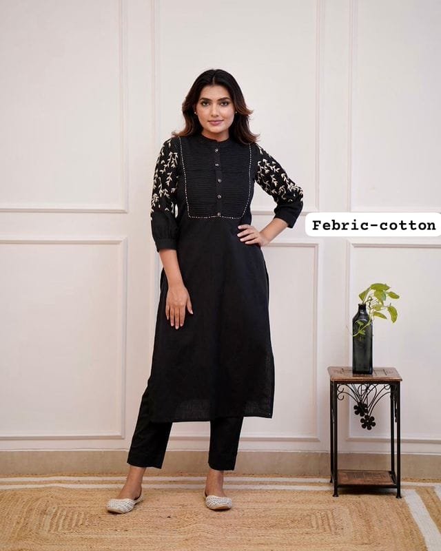 Black Kurti Pant Set with Embroidery & Pintex Detailing